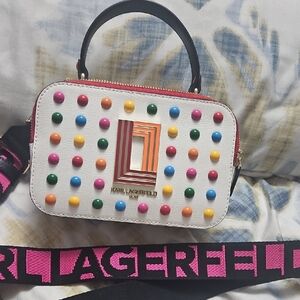 Karl Lagerfeld White Crossbody Bag with Multicolor Studs